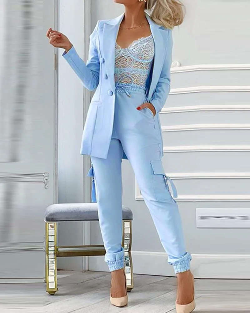 Solid Color Breasted Long Sleeve Suit Sets P14952