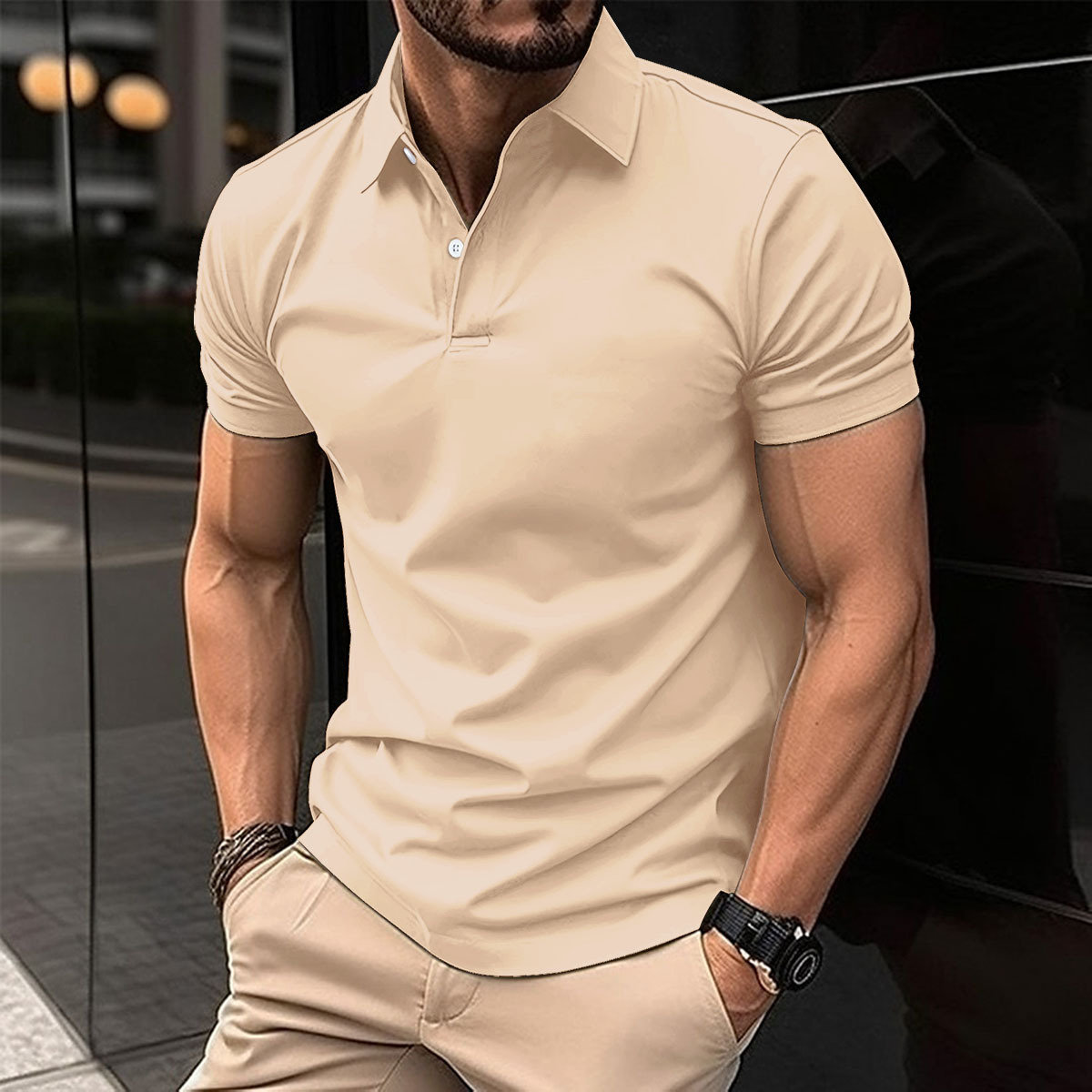 Mature Men Summer Short Sleeve Polo Shirt Solid Color Button Lapel Button Top