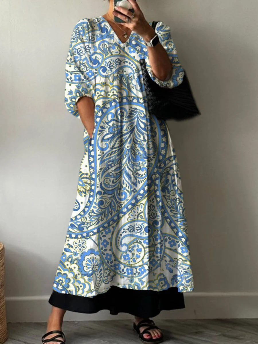 Women's  Boho Vintage Floral Print Pocket V-neck Cotton Dress