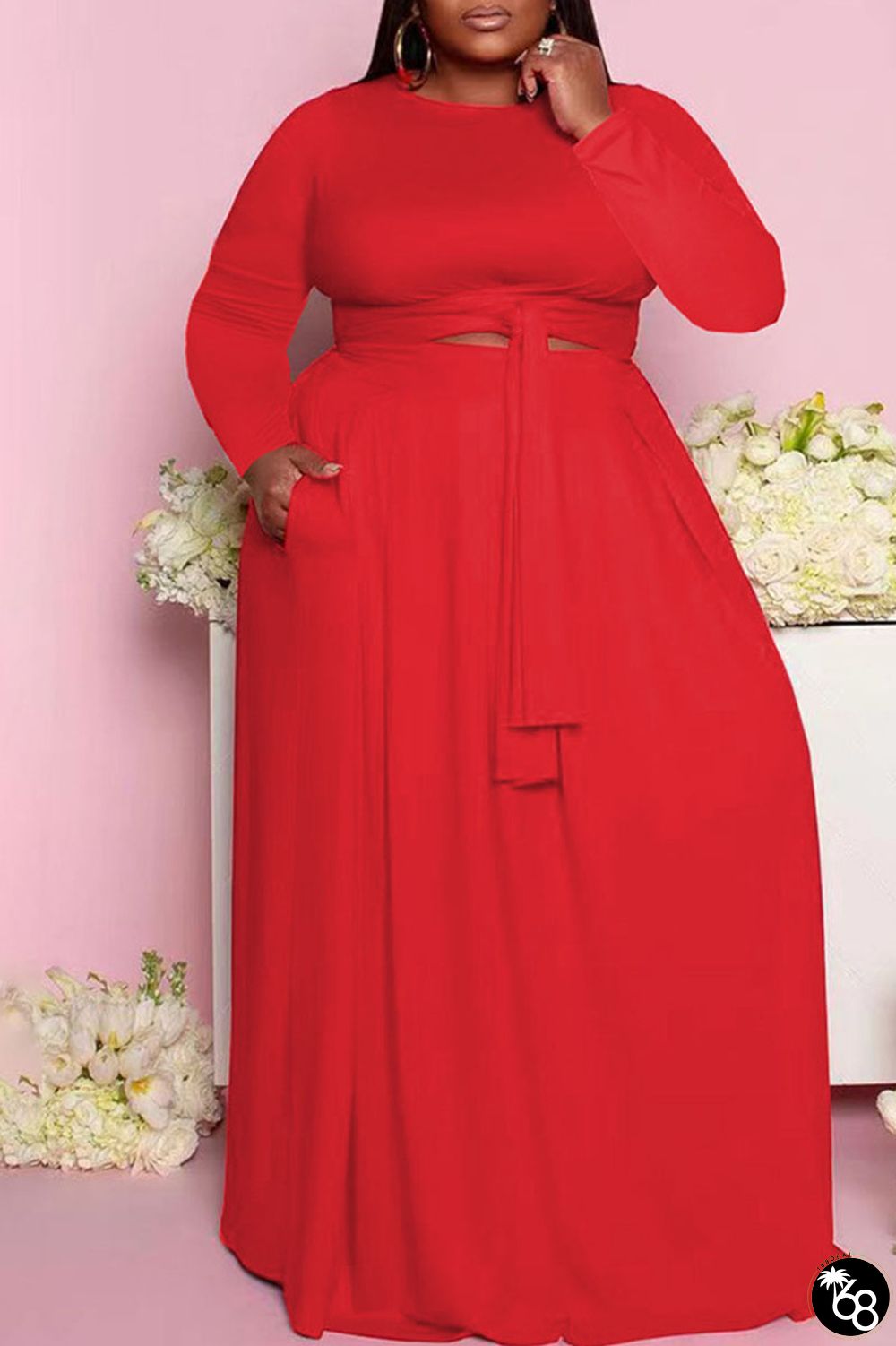 Red Casual Solid Bandage Patchwork O Neck Plus Size Two Pieces | 168DEAL