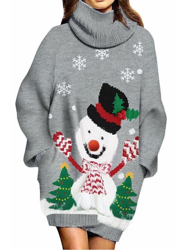 Ugly Christmas Sweater Womens Turtleneck Snowman Dress-elleschic