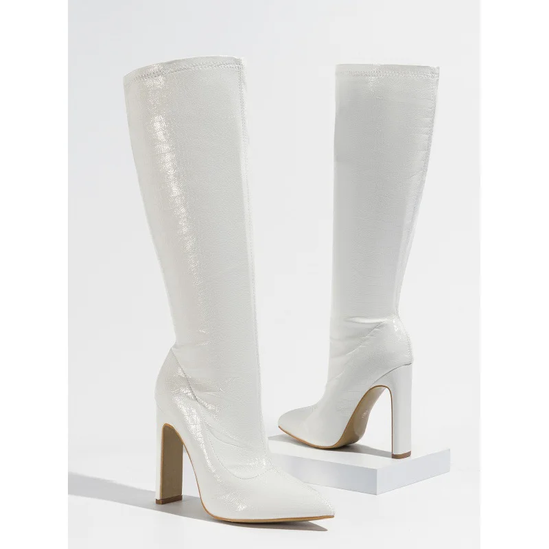 Yyvonne New Coarse Heel Medium Cylinder Elastic Inner Zipper Diamond Irregular Fashion Stone-Print Pointed Female Boots