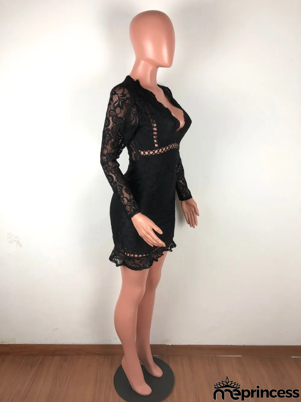 Sexy Lace Deep V Neck Long Sleeve Slim Mini Dress