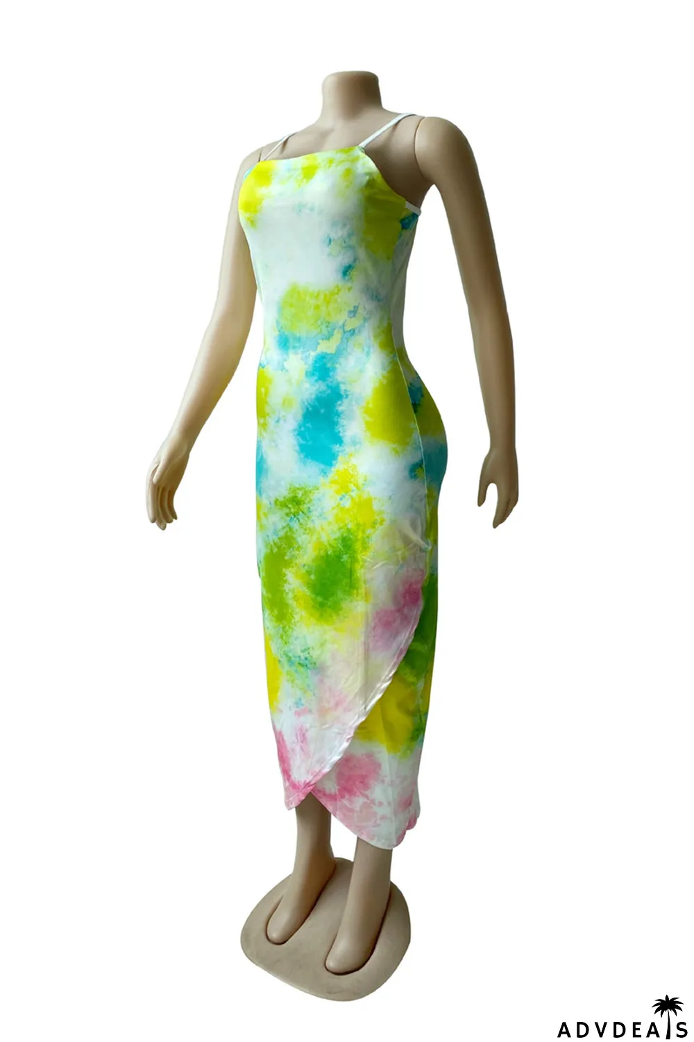 Multicolor Fashion Sexy Print Tie Dye Backless Spaghetti Strap Irregular Dress