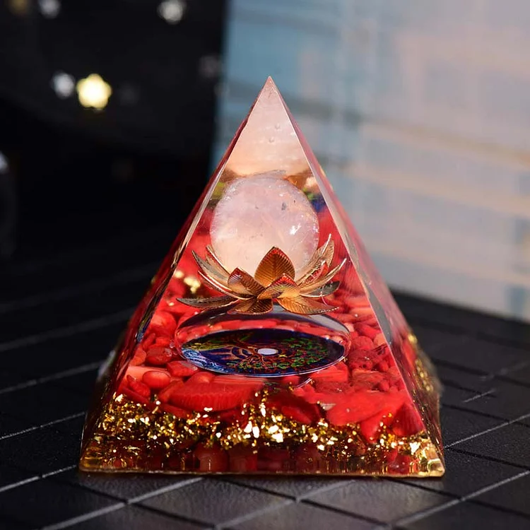 Olivenorma Red Coral Rose Quartz Lotus Symbol Orgone Pyramid