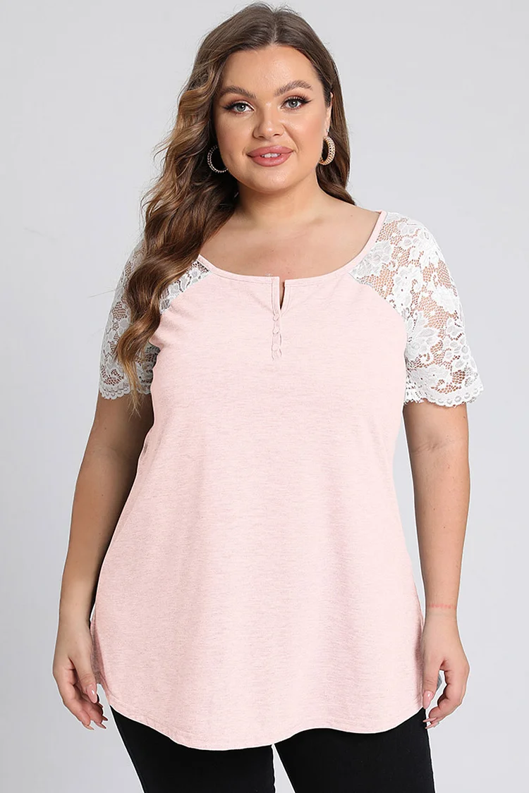 Plus Size Lace Stitching Button Up Square Neck Short Sleeve Loose Casual T-Shirt  Flycurvy [product_label]