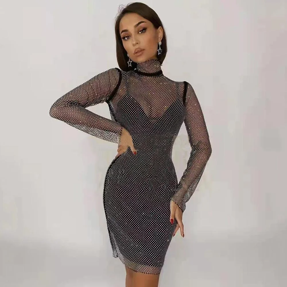 Mesh rhinestone round neck sexy evening dress-zachics