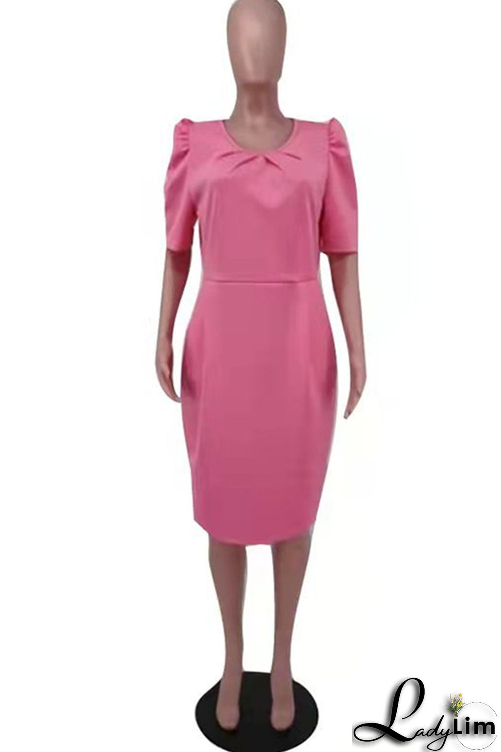 Pink Fashion Casual Plus Size Solid Basic O Neck Short Sleeve Dress (Without Belt)