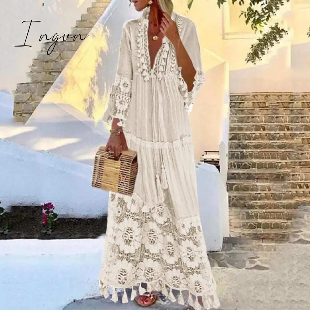 Ingvn - Dress Autumn Fashion Casual Party Bohemian Large Size V - Neck Solid Color Lace Tassel Long