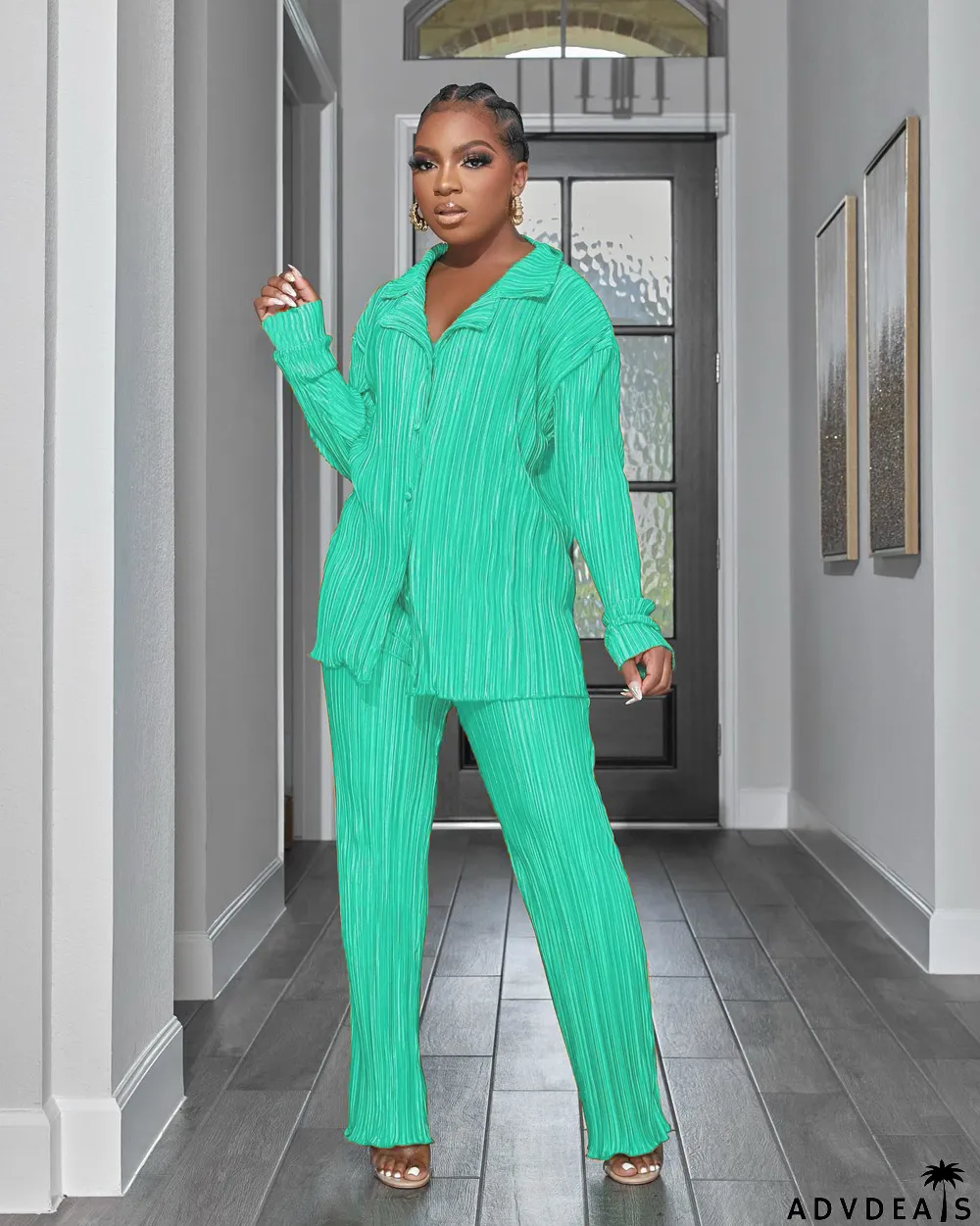 Women Casual Long Sleeve Shirt + Pants Home Two Piece Set