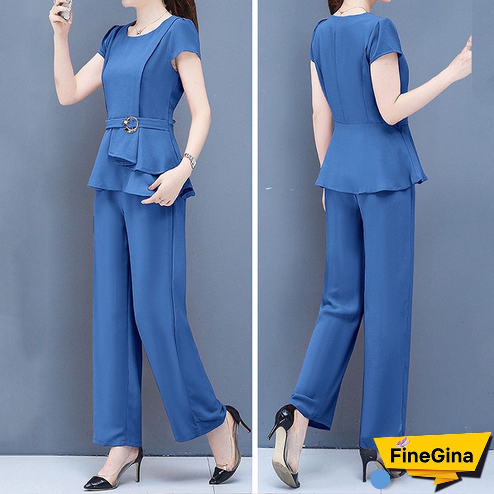 Summer 2 Two Piece Sets Outfits Women Plus Size Short Sleeve Tunics Tops And Pants Suits Office Elegant Korean Sets