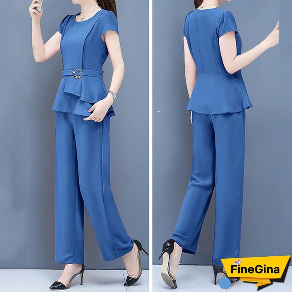 Summer 2 Two Piece Sets Outfits Women Plus Size Short Sleeve Tunics Tops And Pants Suits Office Elegant Korean Sets
