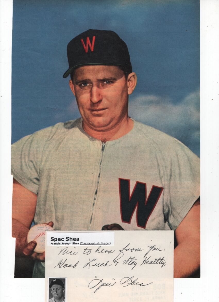 1953 SPEC SHEA-WASHINGTON SENATORS AUTOGRAPHED 3X5 CARD W/ COLOR Photo Poster painting-(d.2002)