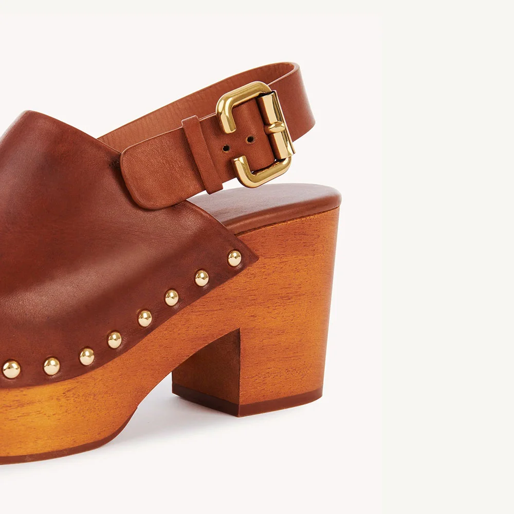Tan Studded Block Heel Platform Clogs Slingback Pumps for Women