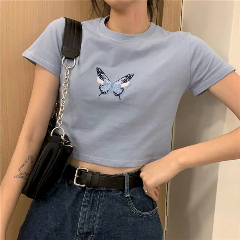 Short T Shirt Women Tshirt New Butterfly Short-sleeved T-shirt Students Korean Bf Windclothes Trend Punk Goth Clothes  Y2k Top