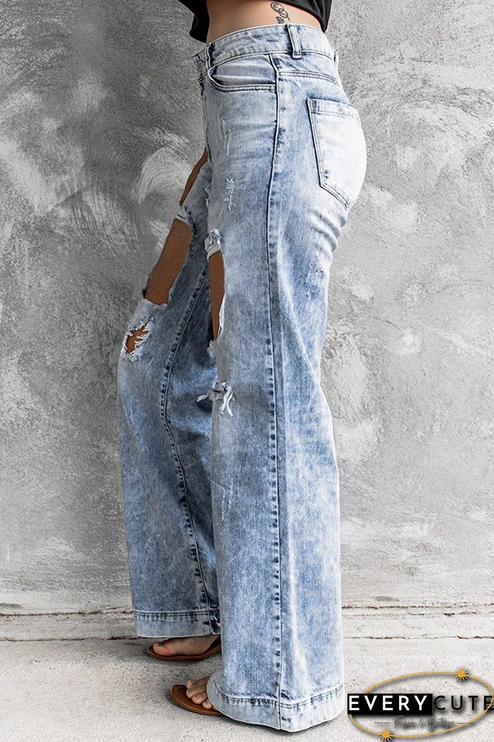 Light Blue Washed Holes Ripped Wide Leg Jeans