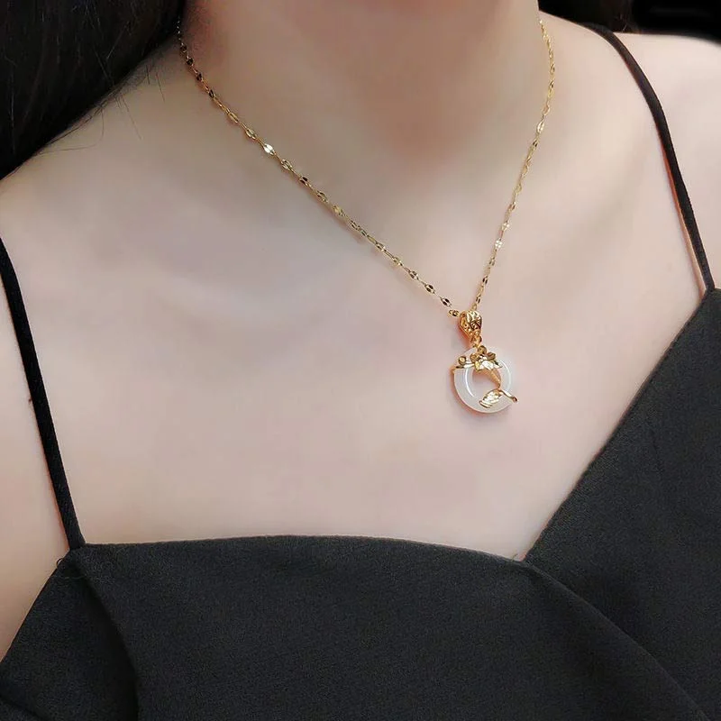 Lotus Pattern Jade Luck Necklace Chain Pendant
