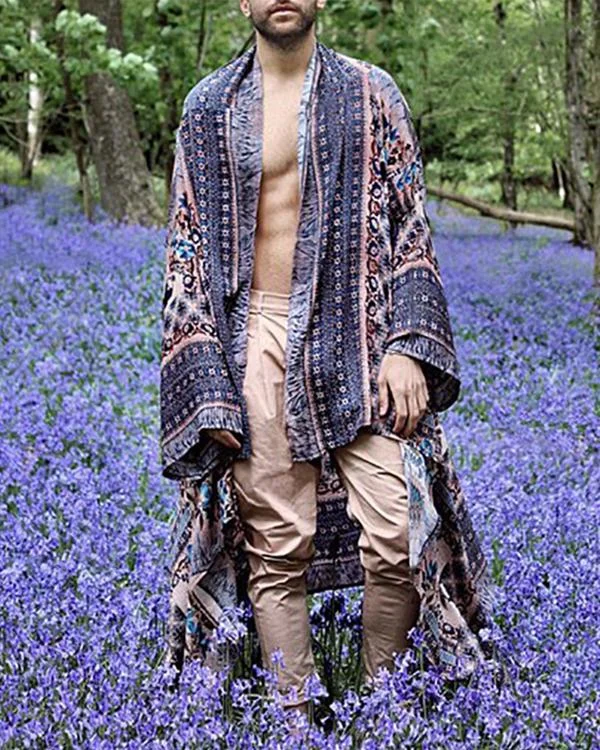 Men Bohemia Ethnic Style Long Sleeve Kimono Cardigan Beach Casual Long Cardigan