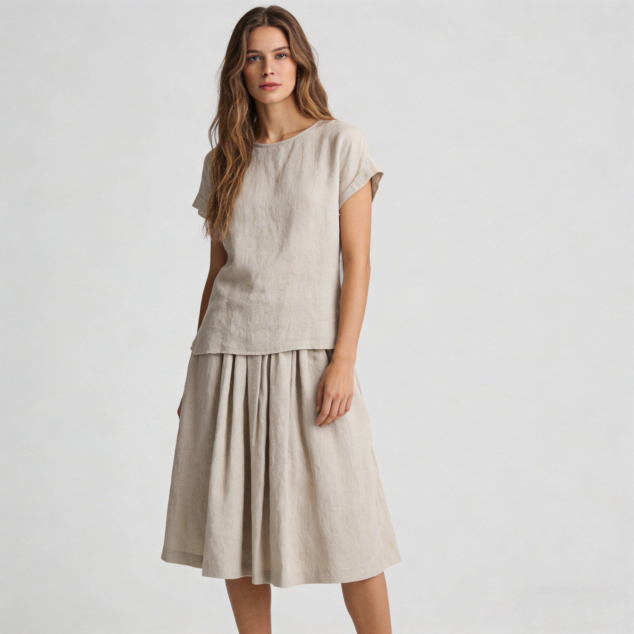 Linen Skirt Women 100% Linen Gathered Waist Midi Skirt REAL SILK LIFE
