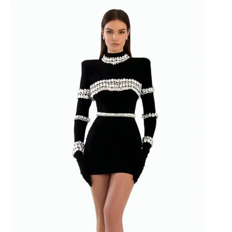 Brownm Super Flash Drill Fashion Cushion Shoulder Half-High Collar Black Banded Dress Party Party Dress