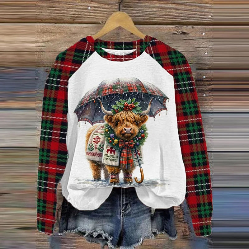 Women's Christmas Highland Cow Print Casual Sweatshirt