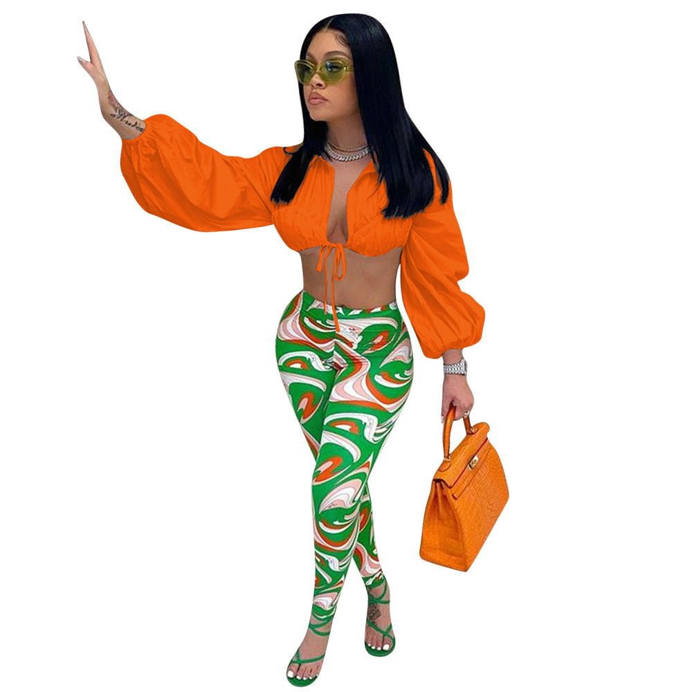 CM.YAYA Women Set Full Puff Sleeve Bandage Crop Tops Stretchy Bodycon Pencil Pants Two 2 Piece Sets Casual Fashion Outfit Fall