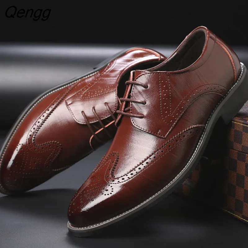Qengg business mens dress shoes genuine leather tan black Italian fashion male shoes 2023