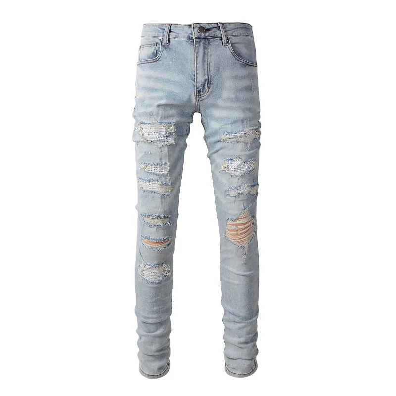 Men's High Street Stretch Jeans  Slim-Fit Light Blue Retro Diamond Ripped Patch Jeans