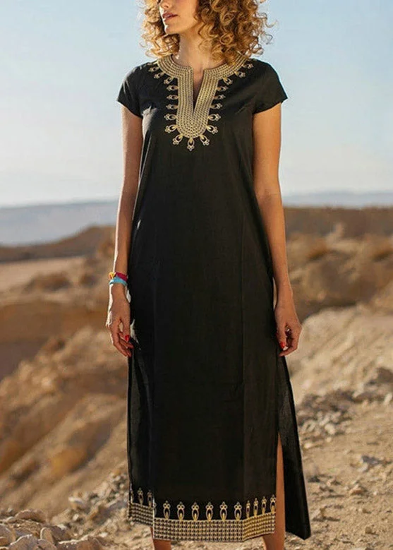 Loose Black Embroideried Side Open Vacation Long Dresses Short Sleeve