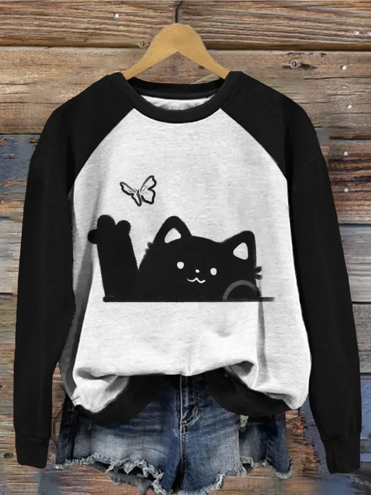 Cute Cat & Butterfly Print Vintage Washed Sweatshirt