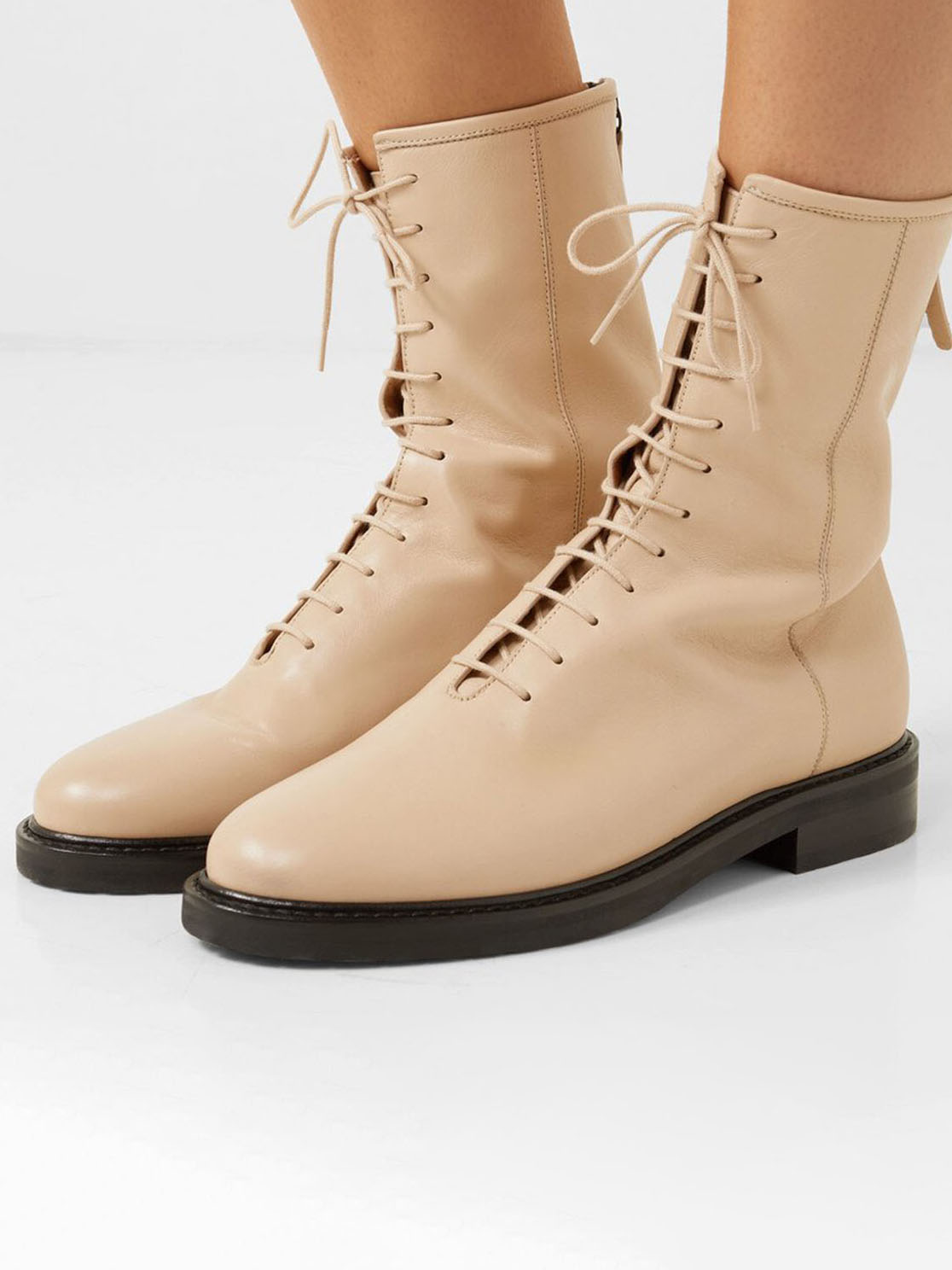 Casual Beige Round Toe Lace-Up Flat Ankle Boots with Rear Zip