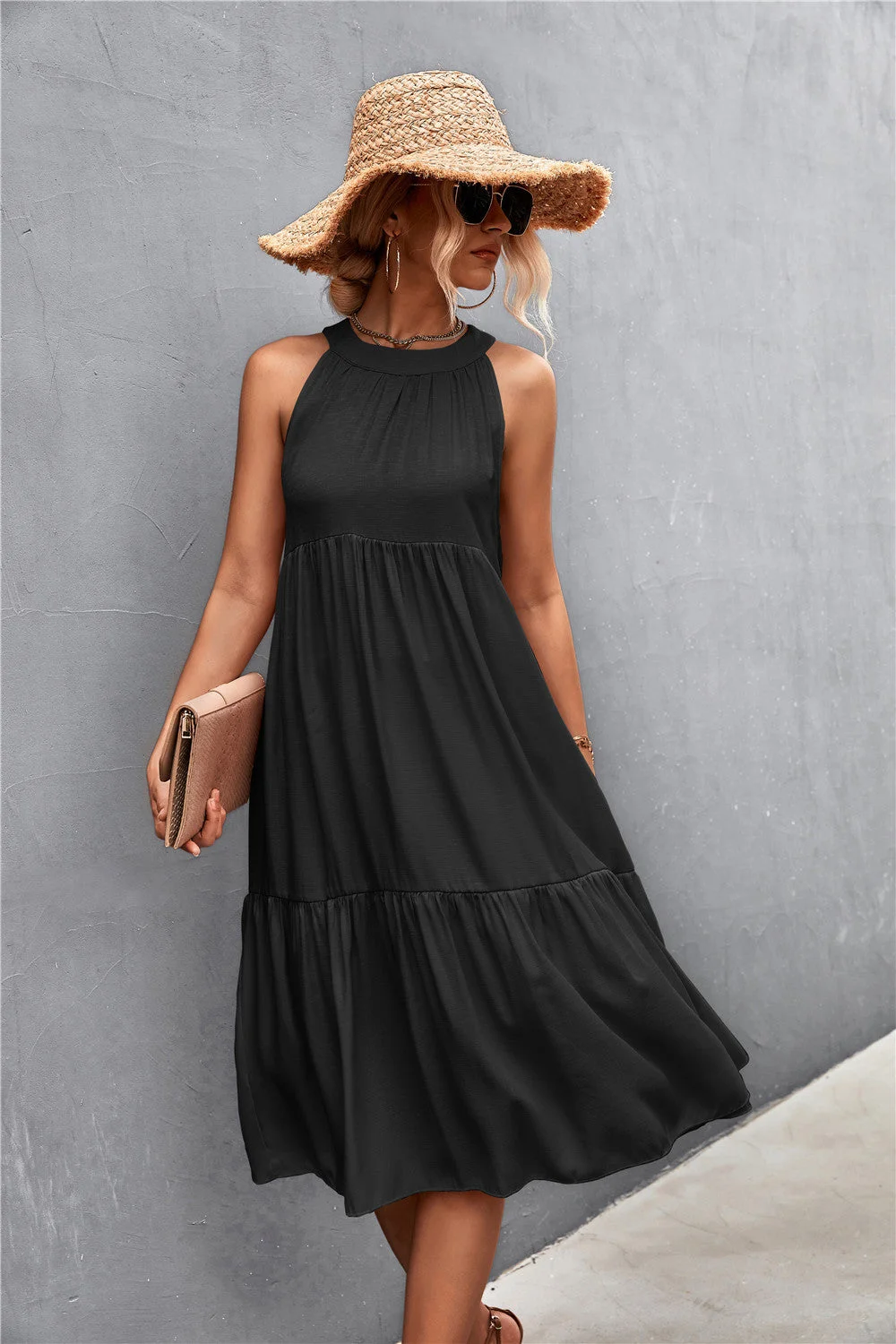 Uveng Loose Splicing Casual Halter Stitching Dress