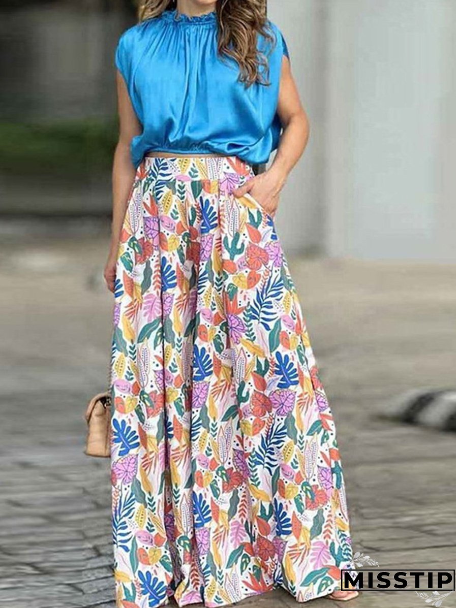 Simple Commuting High Waist Printed Wide Leg Pants Suit