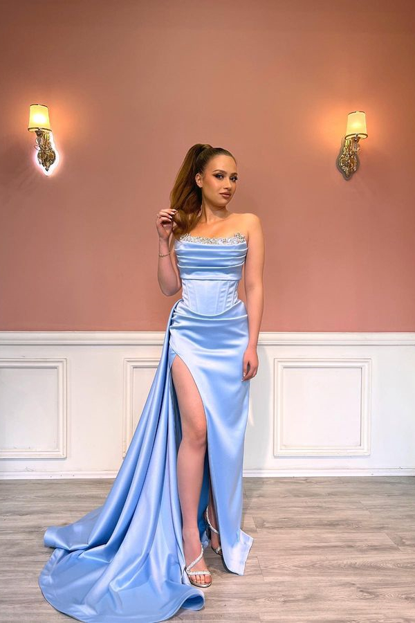 Dresseswow Sky Blue Strapless Prom Dress Mermaid Pleats Ruffles With Beads Slit