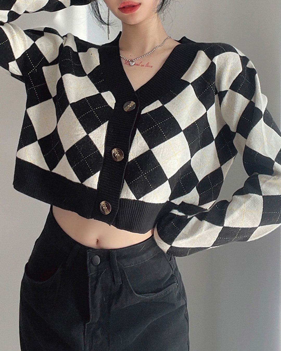 FashionV-FashionV Checkerboard V-neck Crop Cardigan