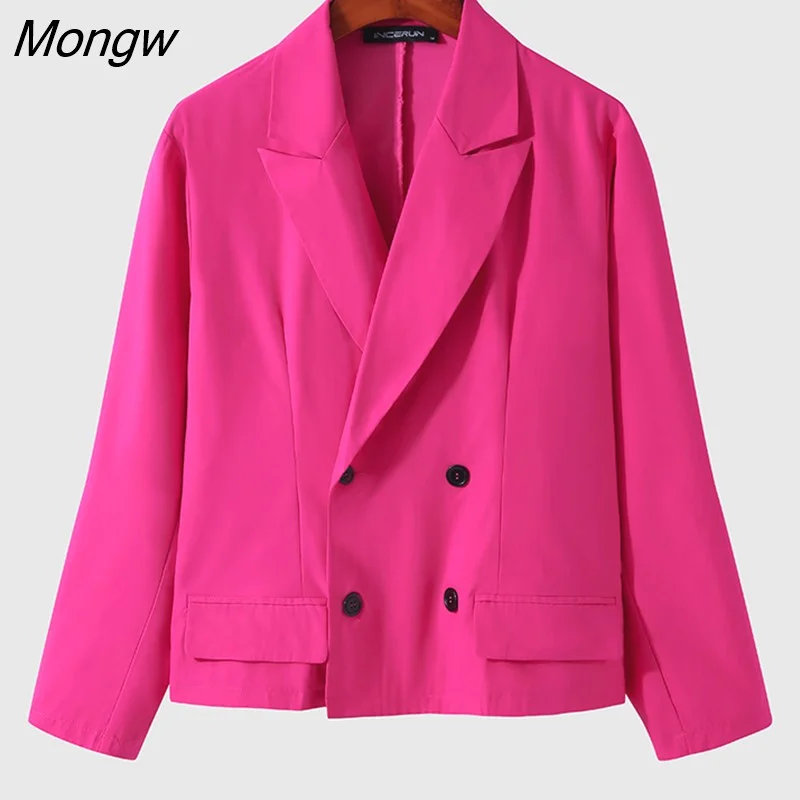 Mongw Men Blazer Lapel Long Sleeve Double Breasted Fashion Casual Suits Men Streetwear Solid 2023 Leisure Crop Coats S-5XL