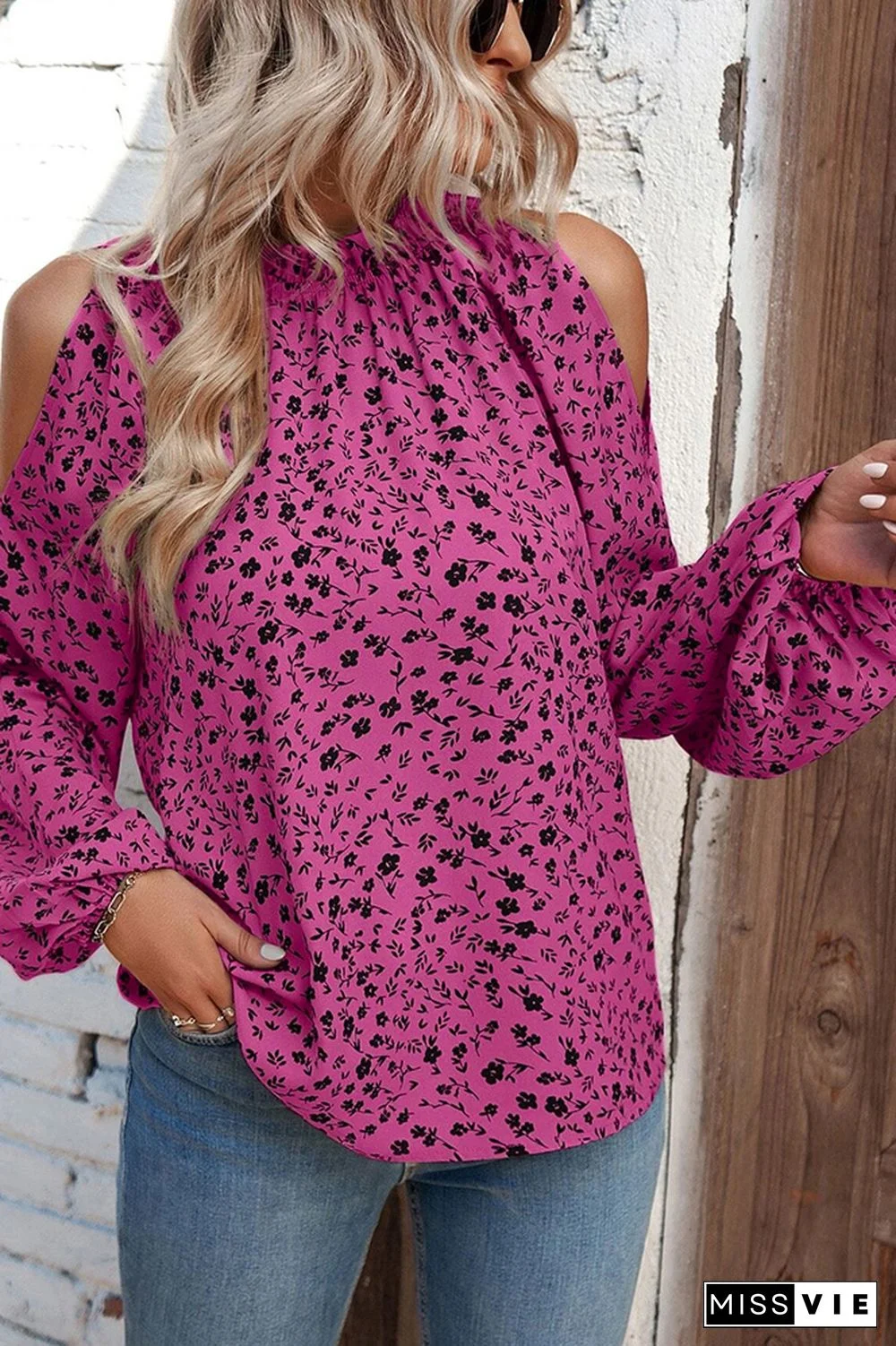 Cold Shoulder Frilled Collar Floral Blouse