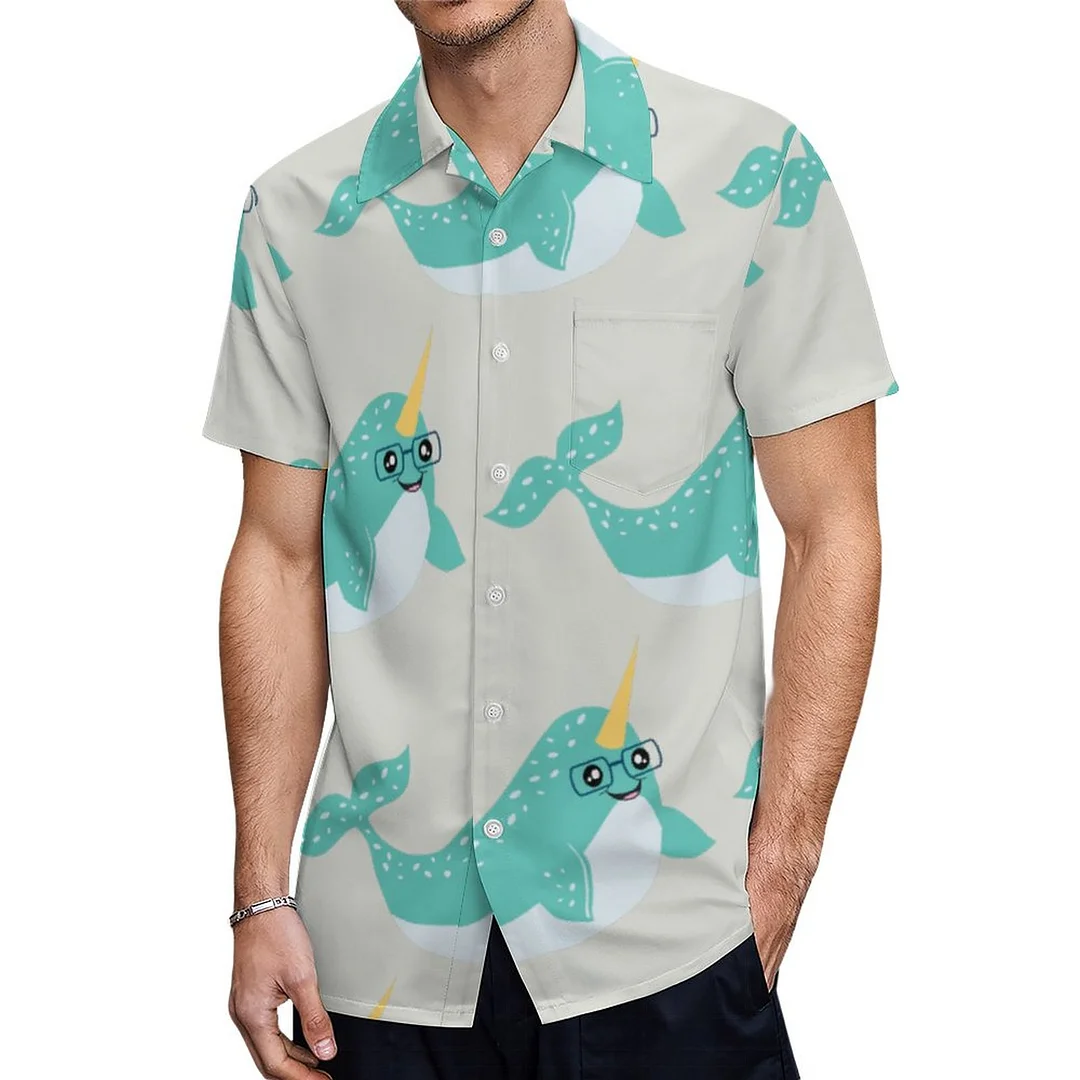 Short Sleeve Cool Narwhal With Glasses Hawaiian Shirt Mens Button Down Plus Size Tropical Hawaii Beach Shirts
