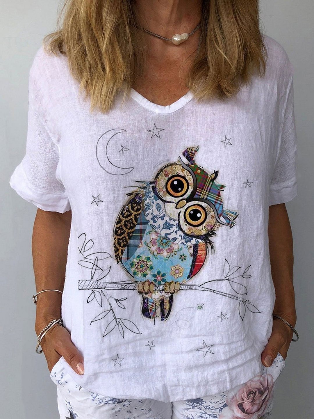 Women's Owl Print Cotton Linen Top