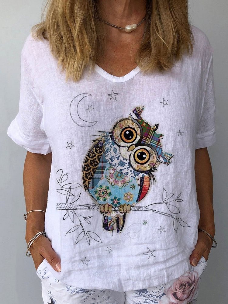 Women's Owl Print Cotton Linen Top