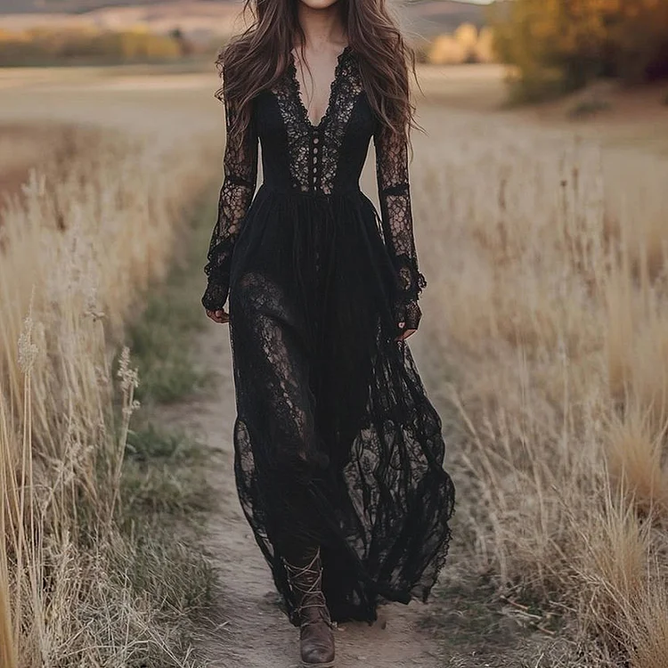 Elegant Lace V Neck Long Sleeve Maxi Dress