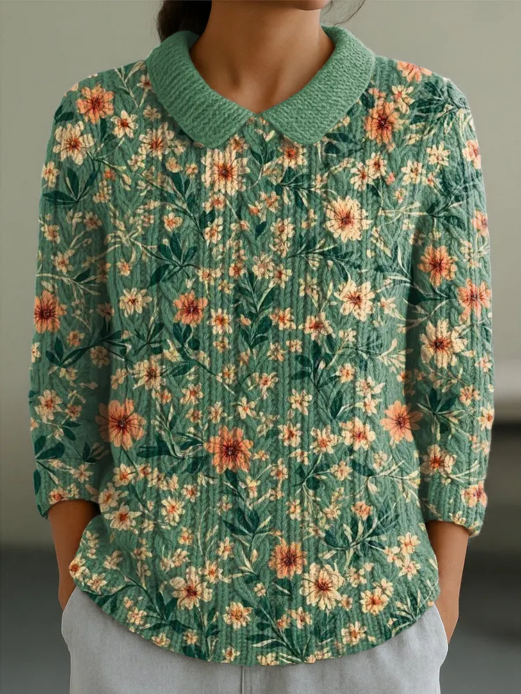 Women's Beautiful Vintage Floral Painting Art Print Casual Peter Pan Collar 3/4 Sleeve Sweater