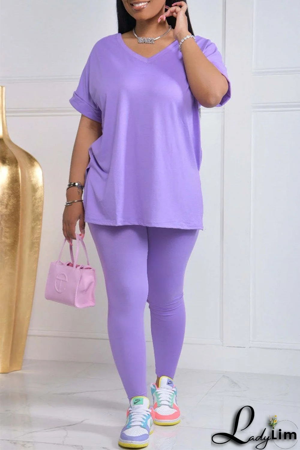 Milky Fashion Casual Solid Slit V Neck Short Sleeve Two Pieces