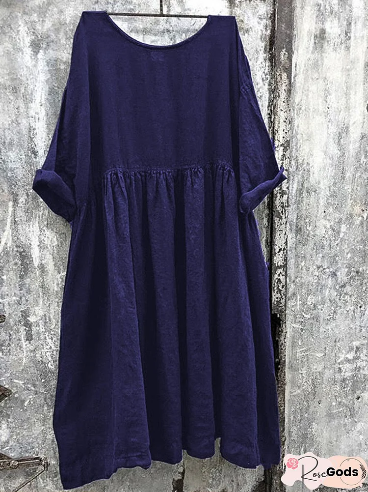 Women Solid Color Linen Dress Linen