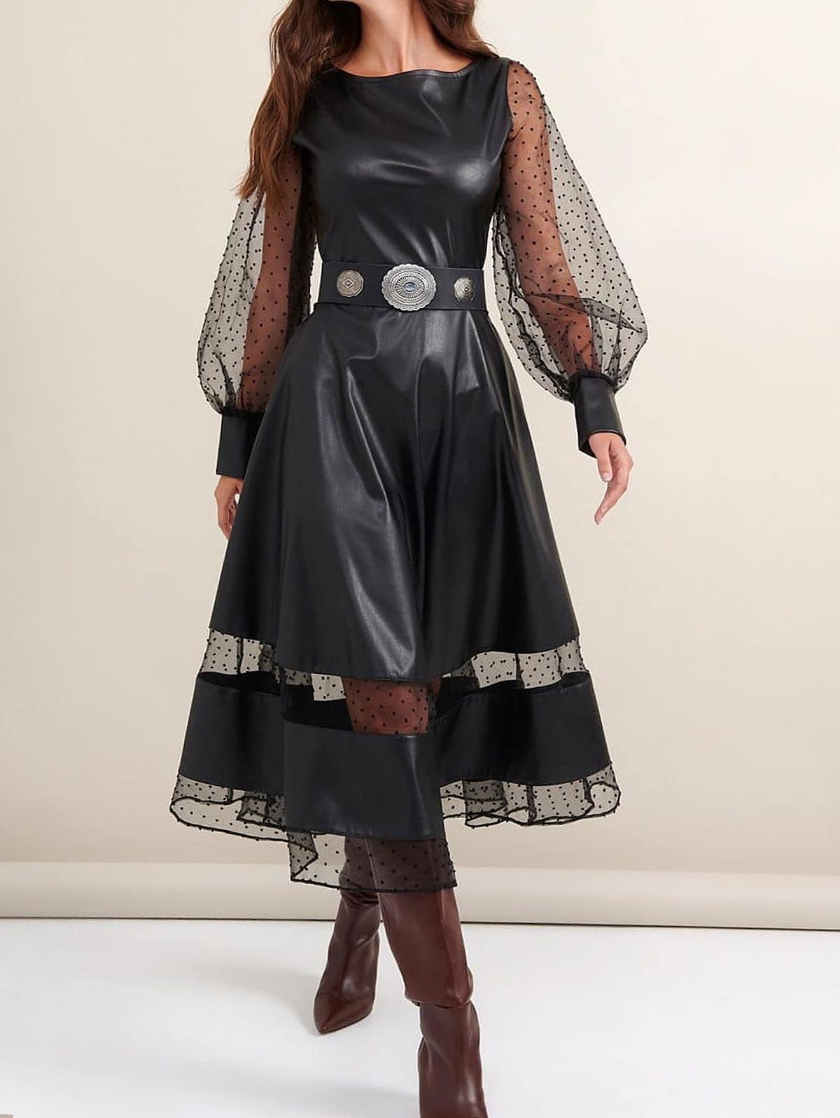 Western PU Leather Mesh Patchwork See-through Lantern Sleeve Midi Dress