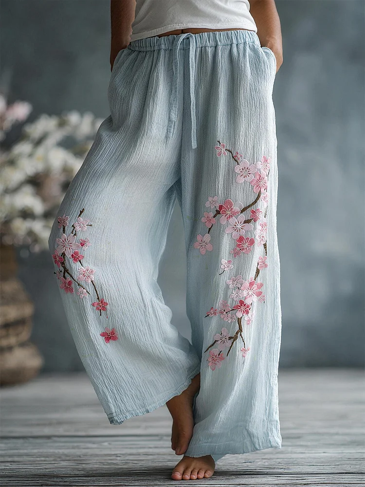 Damen-Blumen stickerei muster Leinen mischhose