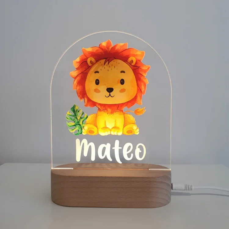 Personalized Jungle Safari Lion Night Light Custom Name LED Lamp Baby Gift for Kids
