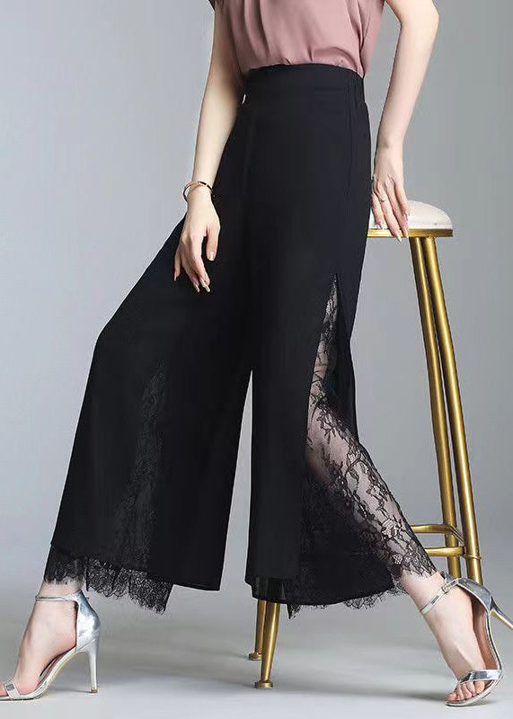 VCSHOES Loose Black Side Open Lace Patchwork Chiffon Crop Pants Summer