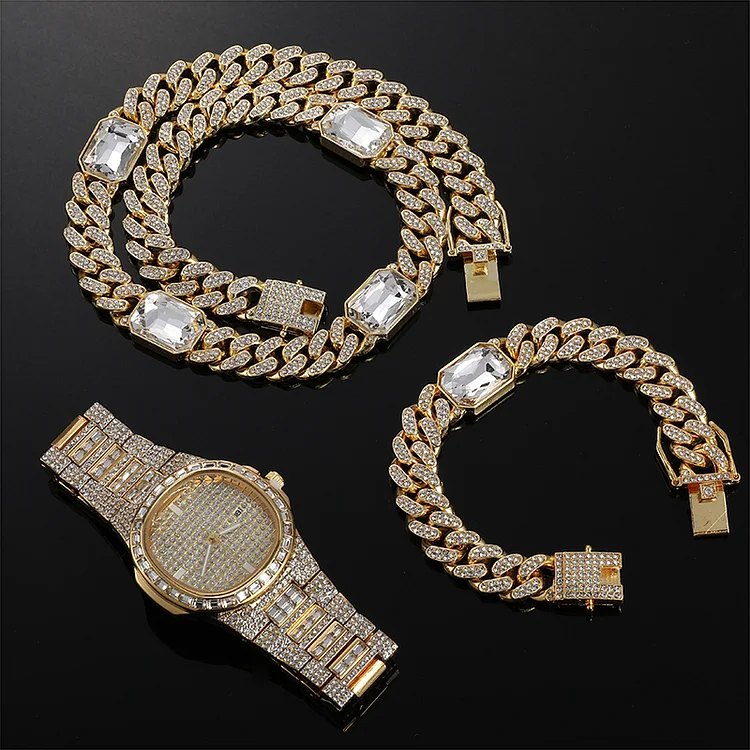 12MM 3pcs Iced Out Watch+Necklace+Bracelet Hip Hop Cuban Chain Jewelry Set-VESSFUL