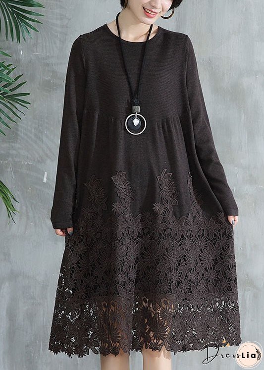 Women Coffee O Neck Wrinkled Lace Patchwork Knit Dress Fall